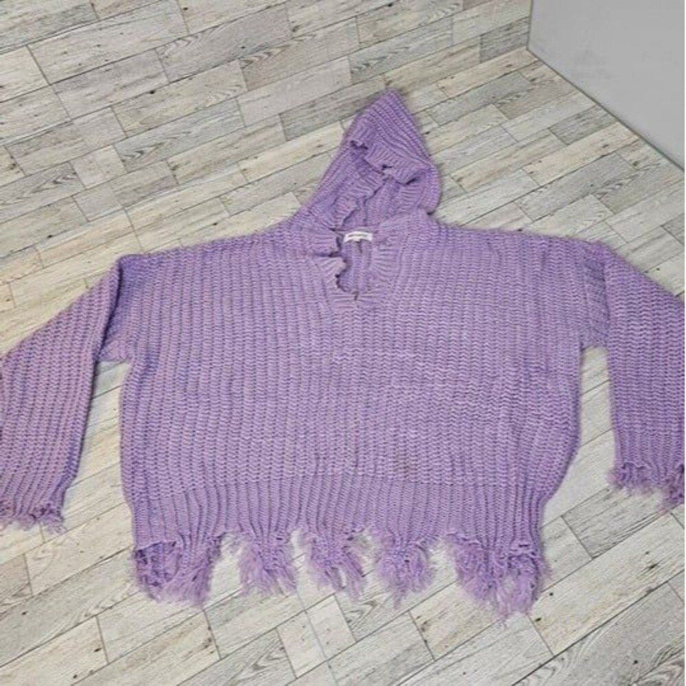 Miracle USA Lavender Oversized Large Knit Cropped Hoodie Fringe Hem, Size S/M